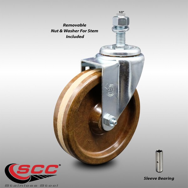 5 Inch SS High Temp Phenolic Wheel Swivel 1/2 Inch Threaded Stem Caster SCC